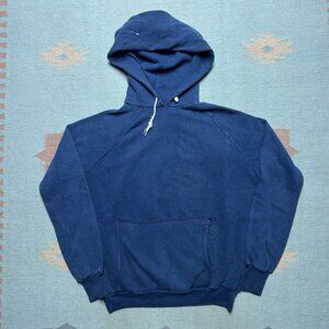 Vintage 70s pullover hoodie sweatshirt gussets navy blue Sears adult XL